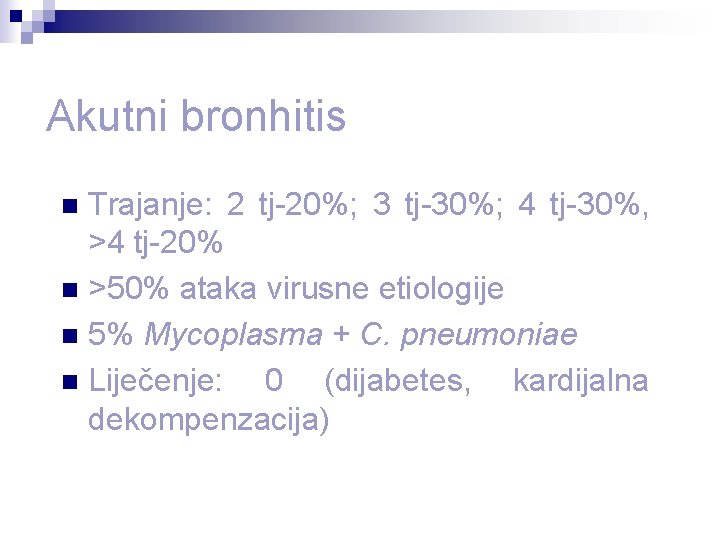 Akutni bronhitis Trajanje: 2 tj-20%; 3 tj-30%; 4 tj-30%, >4 tj-20% n >50% ataka