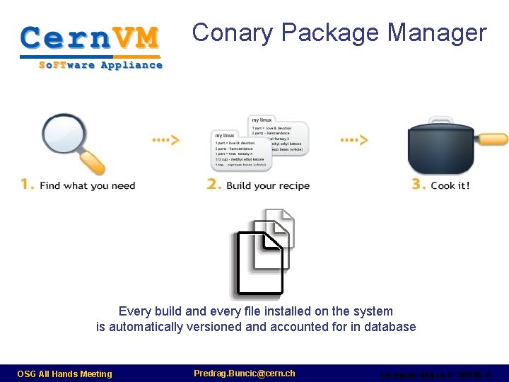 Conary Package Manager Every build and every file installed on the system is automatically
