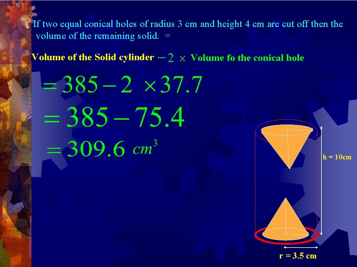 If two equal conical holes of radius 3 cm and height 4 cm are