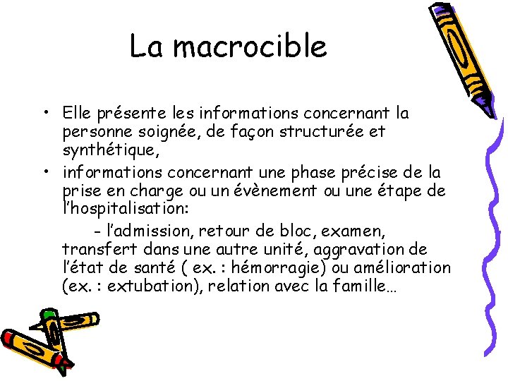 La macrocible • Elle présente les informations concernant la personne soignée, de façon structurée