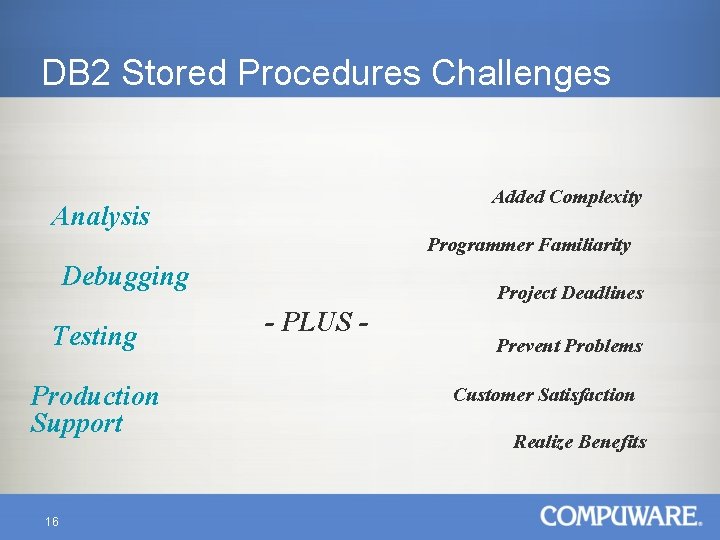 DB 2 Stored Procedures Challenges Added Complexity Analysis Programmer Familiarity Debugging Testing Production Support