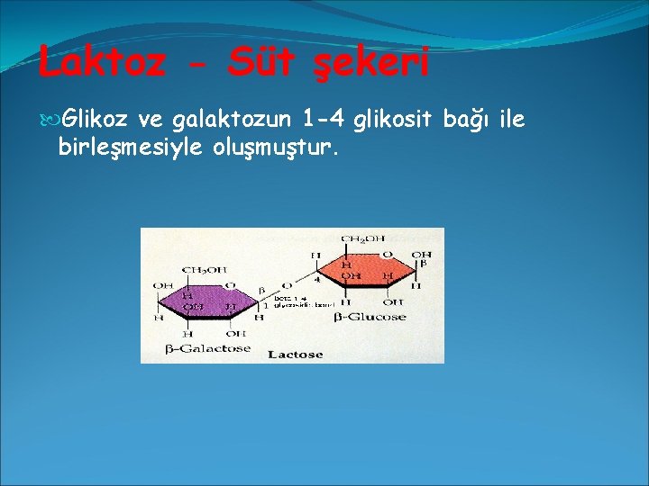 Laktoz - Süt şekeri Glikoz ve galaktozun 1 -4 glikosit bağı ile birleşmesiyle oluşmuştur.