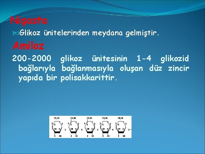 Nişasta Glikoz ünitelerinden meydana gelmiştir. Amiloz 200 -2000 glikoz ünitesinin 1 -4 glikozid bağlarıyla