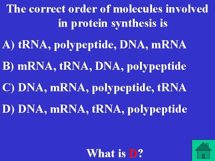 The correct order of molecules involved in protein synthesis is A) t. RNA, polypeptide,