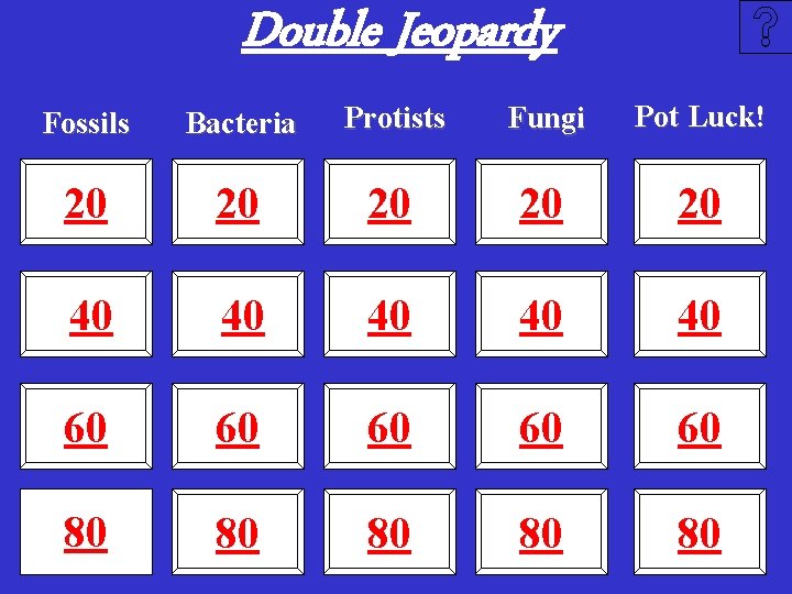 Double Jeopardy Fossils Bacteria Protists Fungi Pot Luck! 20 20 20 40 40 40