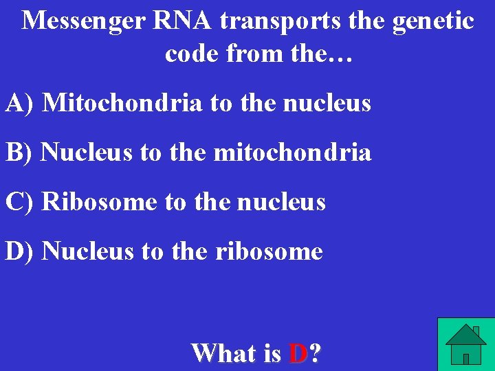 Messenger RNA transports the genetic code from the… A) Mitochondria to the nucleus B)