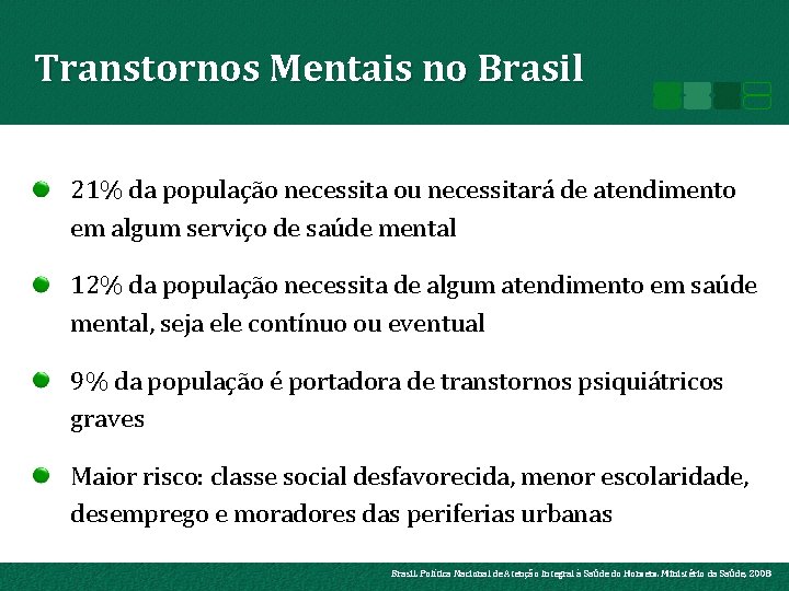 Transtornos Mentais no Brasil 21% da população necessita ou necessitará de atendimento em algum