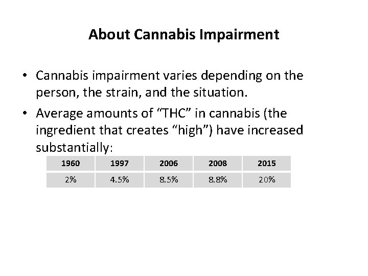 About Cannabis Impairment • Cannabis impairment varies depending on the person, the strain, and