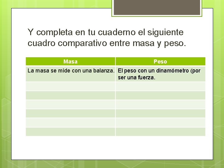 Y completa en tu cuaderno el siguiente cuadro comparativo entre masa y peso. Masa