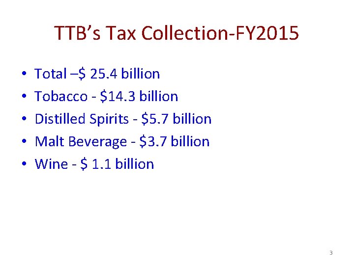 TTB’s Tax Collection-FY 2015 • • • Total –$ 25. 4 billion Tobacco -