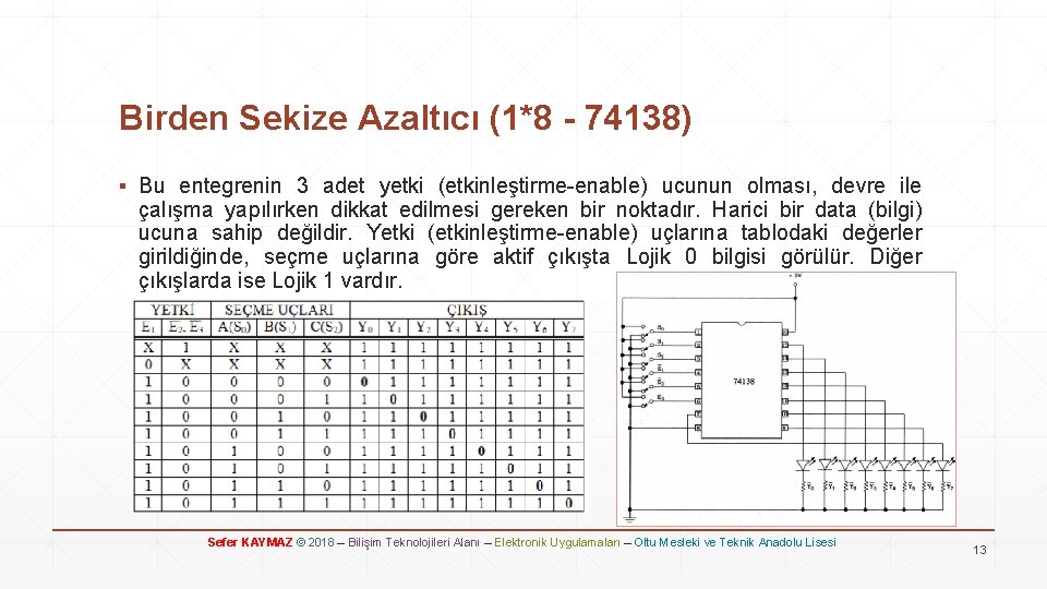 Birden Sekize Azaltıcı (1*8 - 74138) ▪ Bu entegrenin 3 adet yetki (etkinleştirme-enable) ucunun