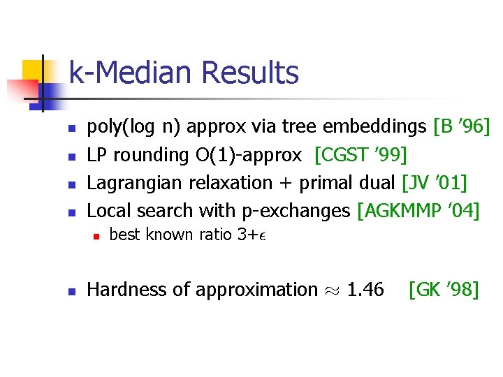 k-Median Results n n poly(log n) approx via tree embeddings [B ’ 96] LP