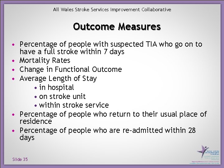 All Wales Stroke Services Improvement Collaborative Outcome Measures • Percentage of people with suspected
