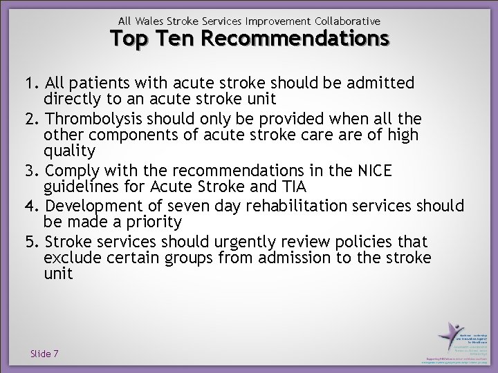 All Wales Stroke Services Improvement Collaborative Top Ten Recommendations 1. All patients with acute