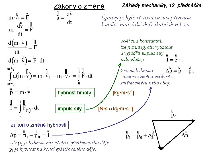 Zákony o změně Základy mechaniky, 12. přednáška Úpravy pohybové rovnice nás přivedou k definování