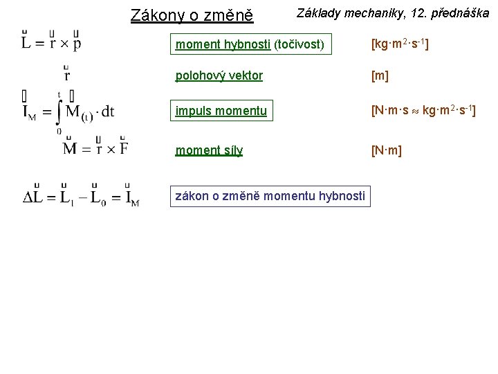 Zákony o změně Základy mechaniky, 12. přednáška moment hybnosti (točivost) [kg·m 2·s-1] polohový vektor