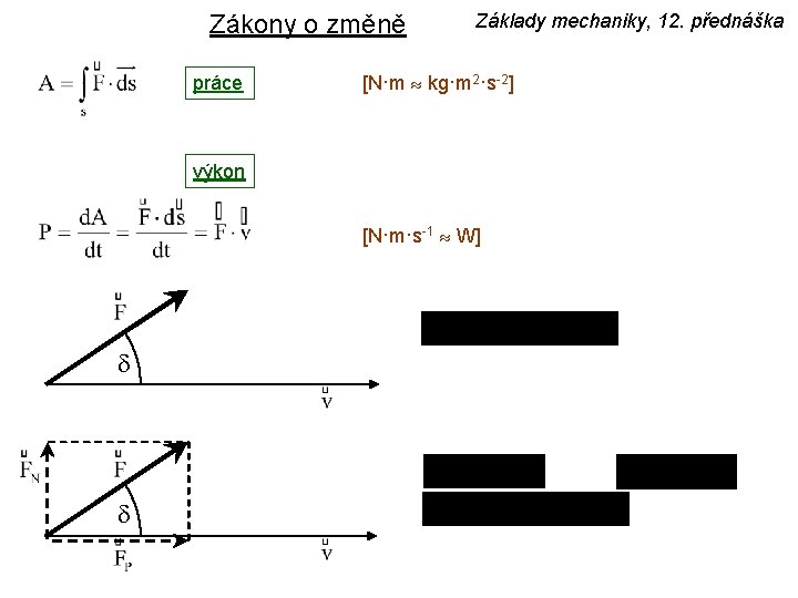 Zákony o změně práce Základy mechaniky, 12. přednáška [N·m kg·m 2·s-2] výkon [N·m·s-1 W]