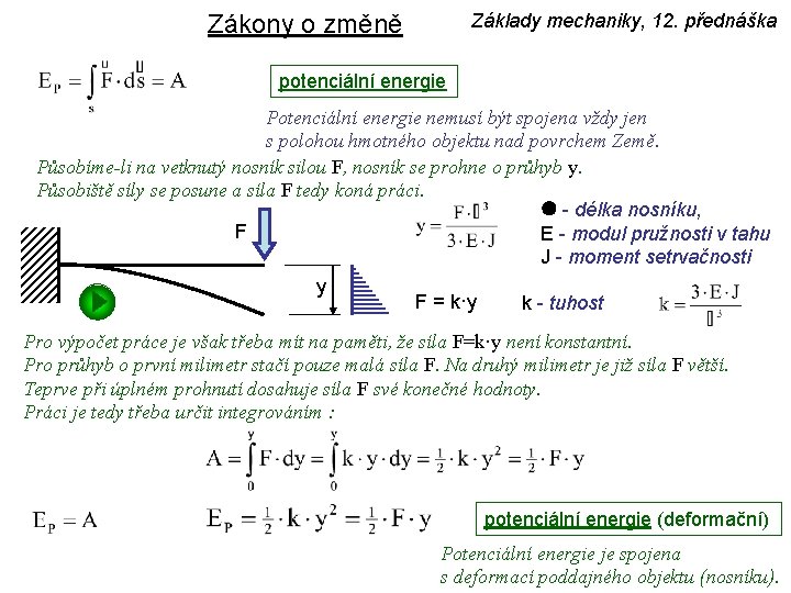 Základy mechaniky, 12. přednáška Zákony o změně potenciální energie Potenciální energie nemusí být spojena