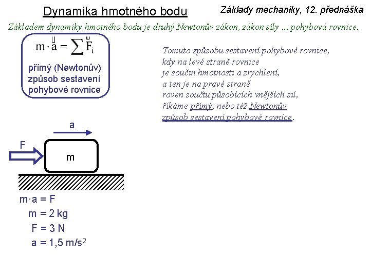 Dynamika hmotného bodu Základy mechaniky, 12. přednáška Základem dynamiky hmotného bodu je druhý Newtonův