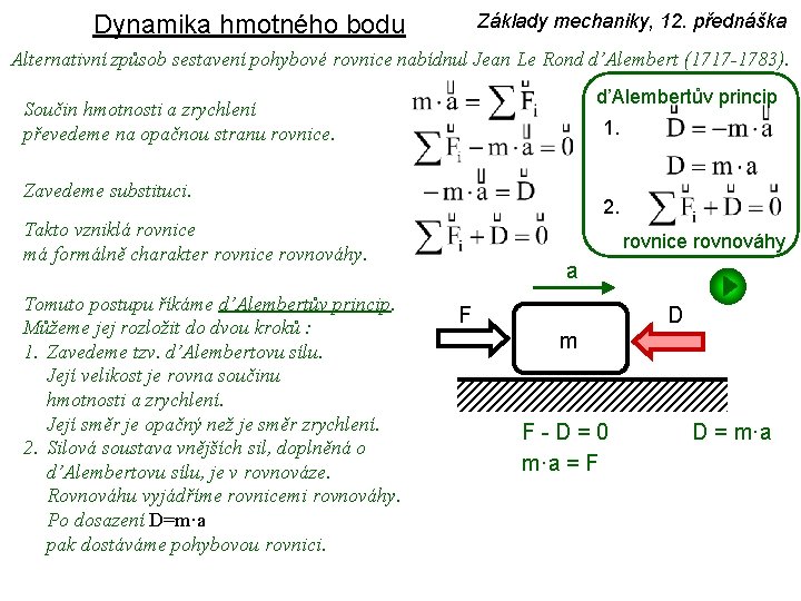 Základy mechaniky, 12. přednáška Dynamika hmotného bodu Alternativní způsob sestavení pohybové rovnice nabídnul Jean