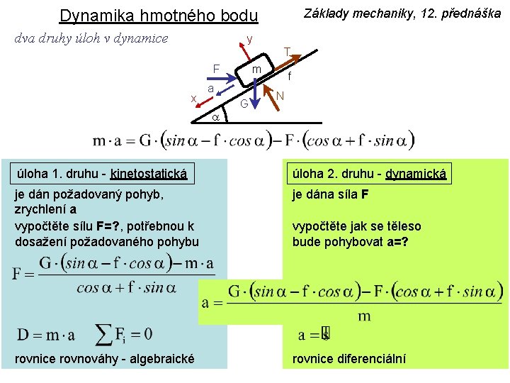 Základy mechaniky, 12. přednáška Dynamika hmotného bodu dva druhy úloh v dynamice y T