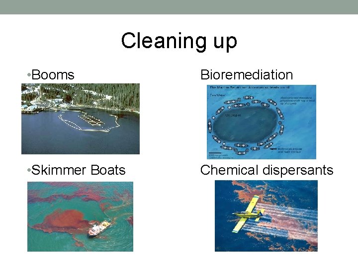 Cleaning up • Booms Bioremediation • Skimmer Boats Chemical dispersants 