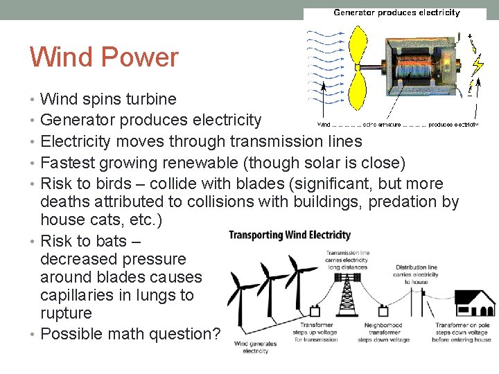 Wind Power Wind spins turbine Generator produces electricity Electricity moves through transmission lines Fastest