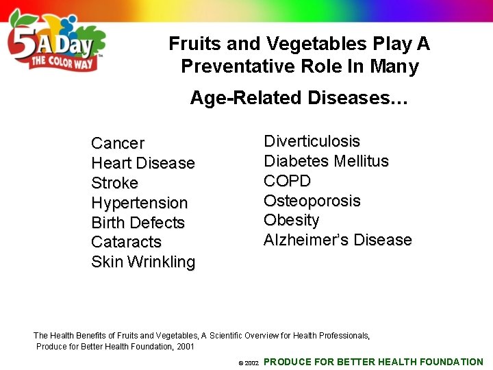 Fruits and Vegetables Play A Preventative Role In Many Age-Related Diseases… Diverticulosis Diabetes Mellitus
