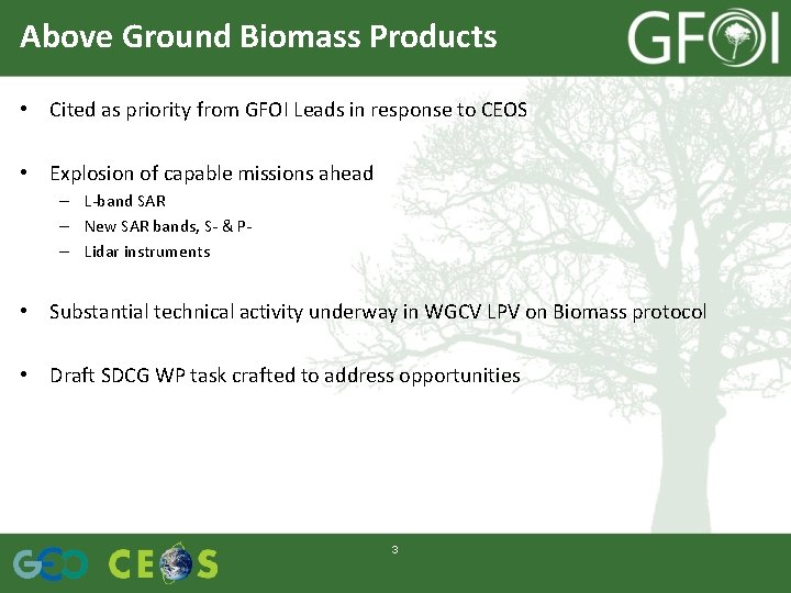 Above Ground Biomass Products • Cited as priority from GFOI Leads in response to