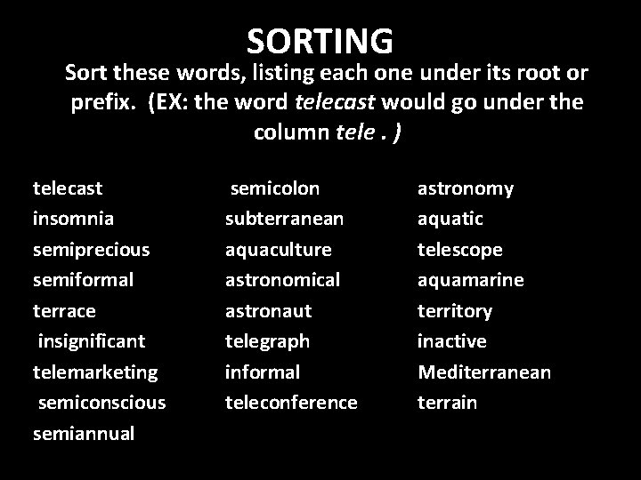 SORTING Sort these words, listing each one under its root or prefix. (EX: the