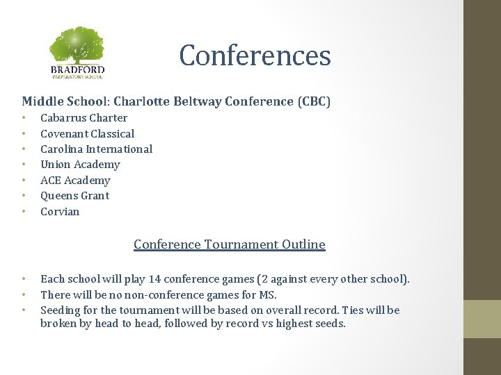 Conferences Middle School: Charlotte Beltway Conference (CBC) • • Cabarrus Charter Covenant Classical Carolina