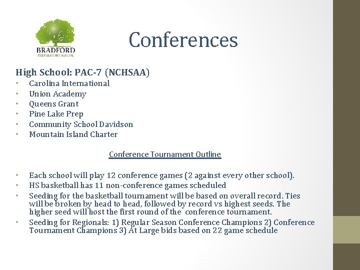 Conferences High School: PAC-7 (NCHSAA) • • • Carolina International Union Academy Queens Grant