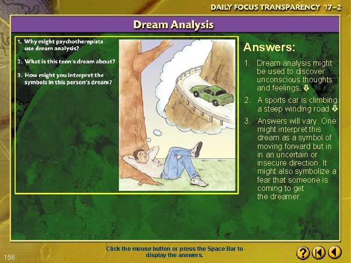 Answers: 1. Dream analysis might be used to discover unconscious thoughts and feelings. 2.
