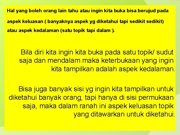 Hal yang boleh orang lain tahu atau ingin kita buka bisa berujud pada aspek