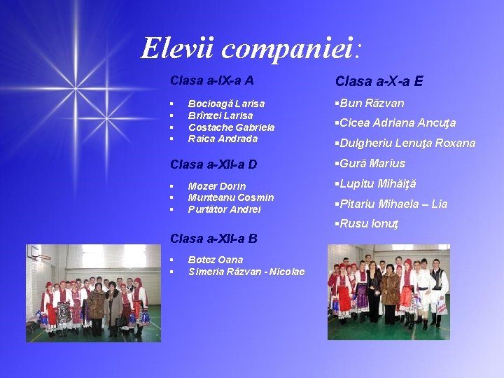 Elevii companiei: Clasa a-IX-a A Clasa a-X-a E § § §Bun Răzvan Bocioagă Larisa