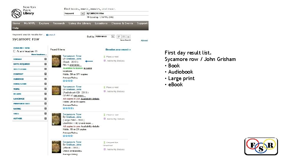 First day result list. Sycamore row / John Grisham • Book • Audiobook •