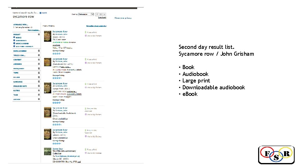 Second day result list. Sycamore row / John Grisham • Book • Audiobook •
