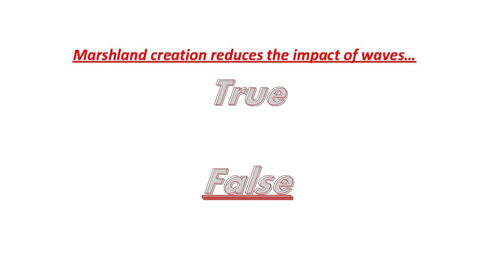 Marshland creation reduces the impact of waves… True False 