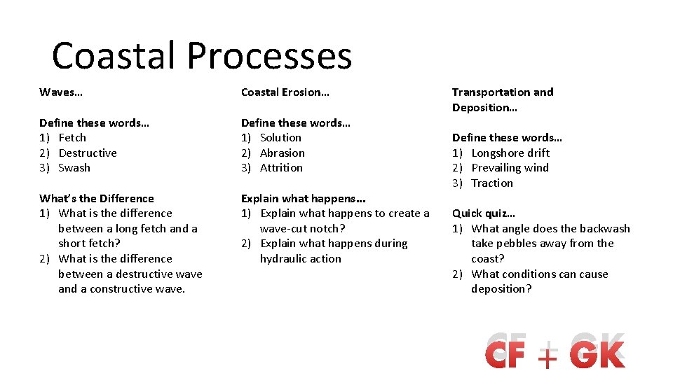 Coastal Processes Waves… Coastal Erosion… Define these words… 1) Fetch 2) Destructive 3) Swash