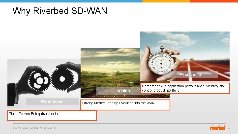 Why Riverbed SD-WAN Excellence Vision Experience Comprehensive application performance, visibility and control product portfolio Why Riverbed SD-WAN Excellence Vision Experience Comprehensive application performance, visibility and control product portfolio