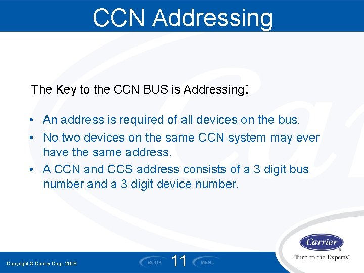 CCN Addressing The Key to the CCN BUS is Addressing: • An address is