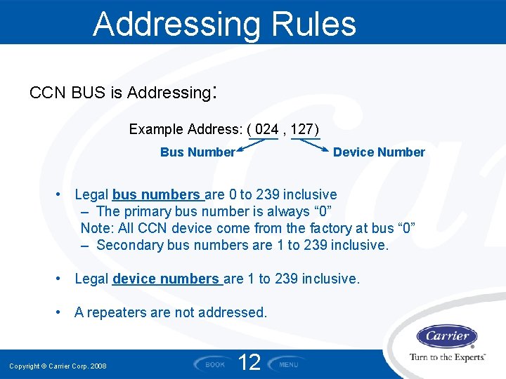 Addressing Rules CCN BUS is Addressing: Example Address: ( 024 , 127) Device Number