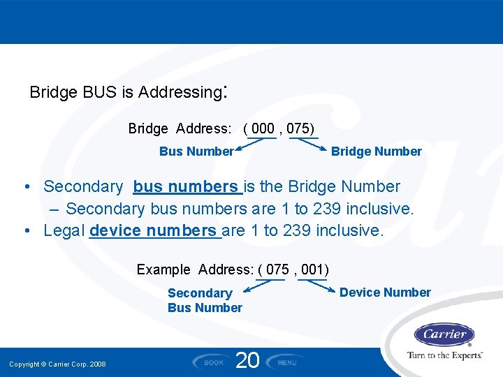 Bridge BUS is Addressing: Bridge Address: ( 000 , 075) Bridge Number Bus Number