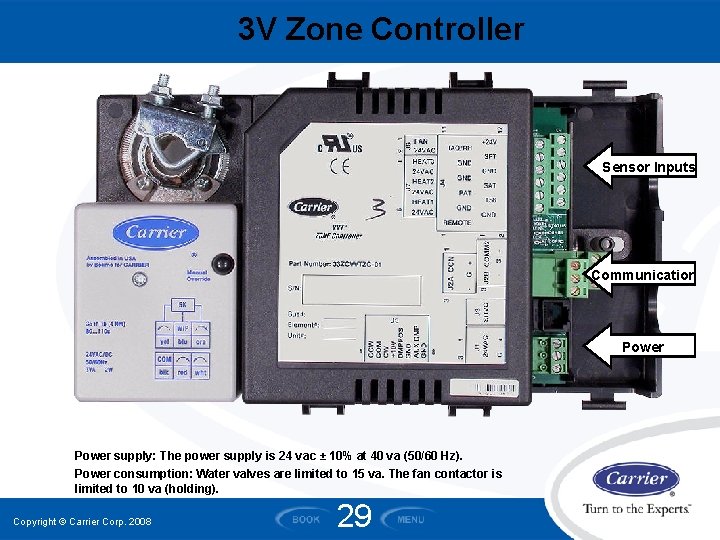 3 V Zone Controller Sensor Inputs Communication Power supply: The power supply is 24