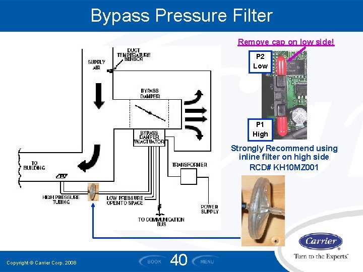 Bypass Pressure Filter Remove cap on low side! P 2 Low P 1 High