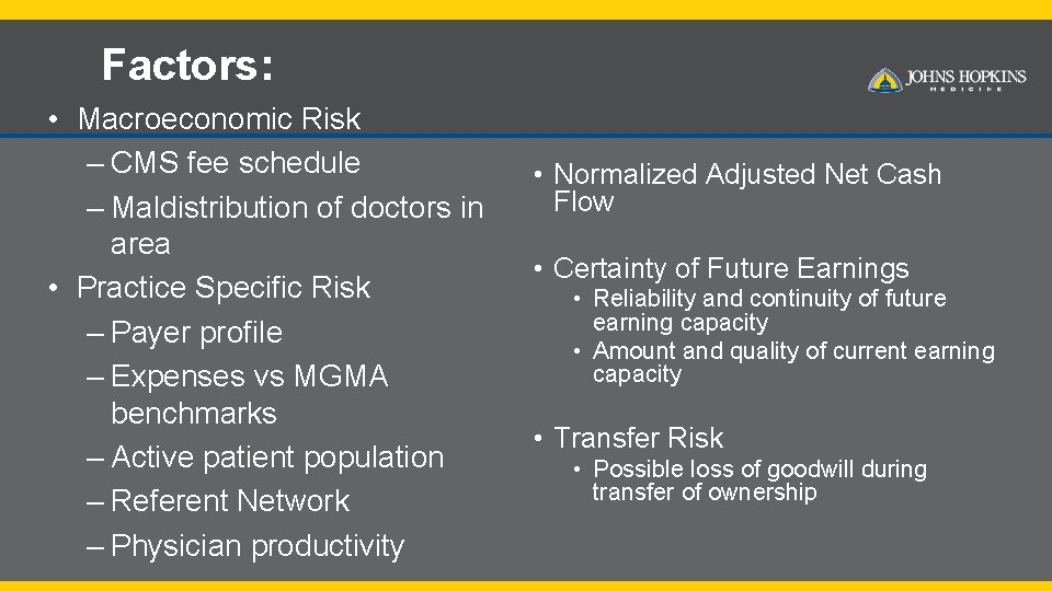 Factors: • Macroeconomic Risk – CMS fee schedule – Maldistribution of doctors in area