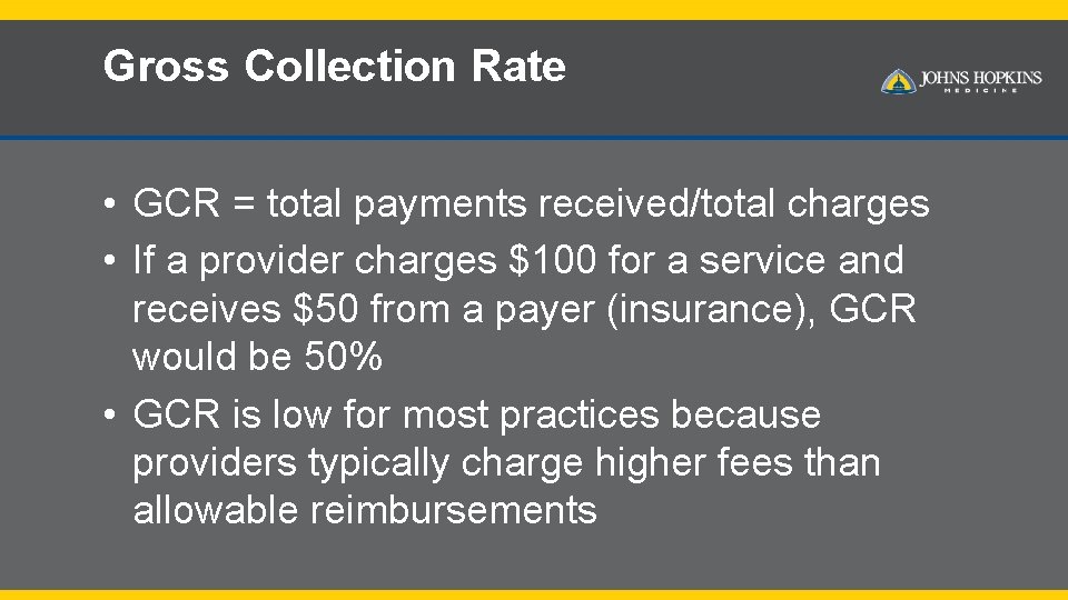 Gross Collection Rate • GCR = total payments received/total charges • If a provider