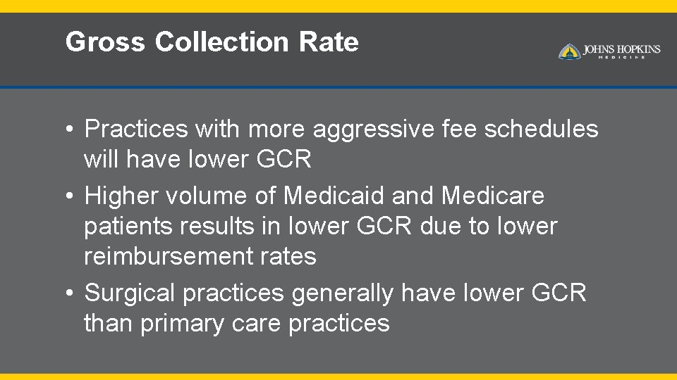 Gross Collection Rate • Practices with more aggressive fee schedules will have lower GCR