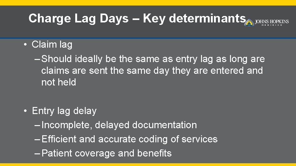 Charge Lag Days – Key determinants • Claim lag – Should ideally be the