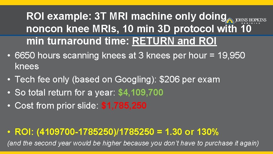 ROI example: 3 T MRI machine only doing noncon knee MRIs, 10 min 3